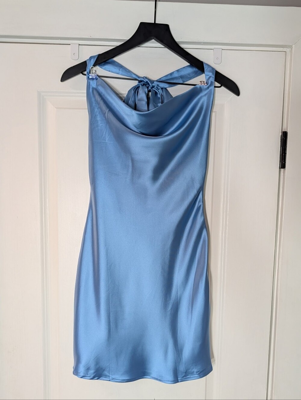 Light Blue Satin Cowl-Neck Mini Dress with Tie Back